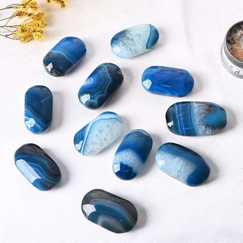 80~120g Natural Blue Banded Agate Palm Stone Healing Crystal Worry Stone 1PCS