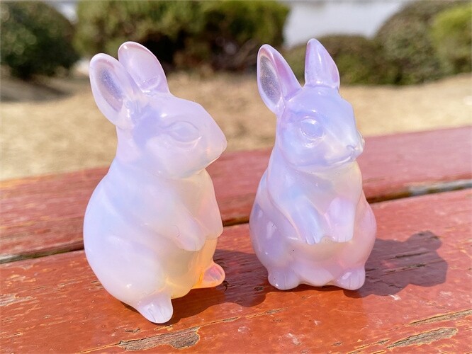 2″ Hand Carved Pink opalite Rabbit Reiki Quartz Crystal Skull Figurines decor 1x