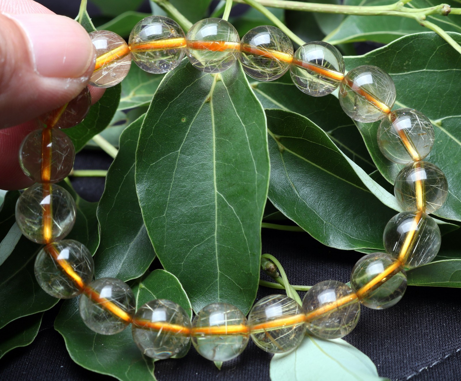 29.8g Rare Natural Clear Gold Rutilated Quartz Crystal 10mm Round Bead Hand cate