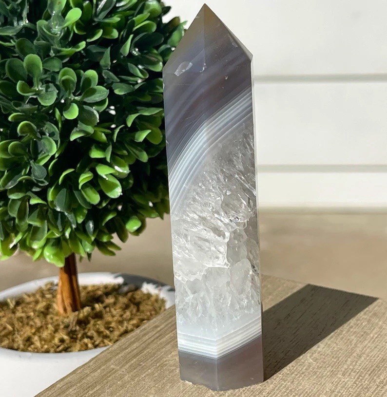 Botswana Agate Tower • Blue Grey Agate & Rainbow Quartz • Unique Crystals