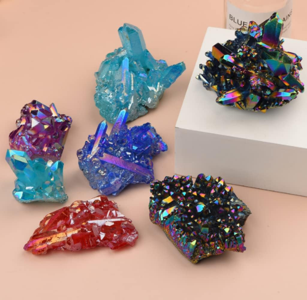 100G Large Natural Rainbow Aura Titanium Quartz Crystal Cluster Rock Healing Irr