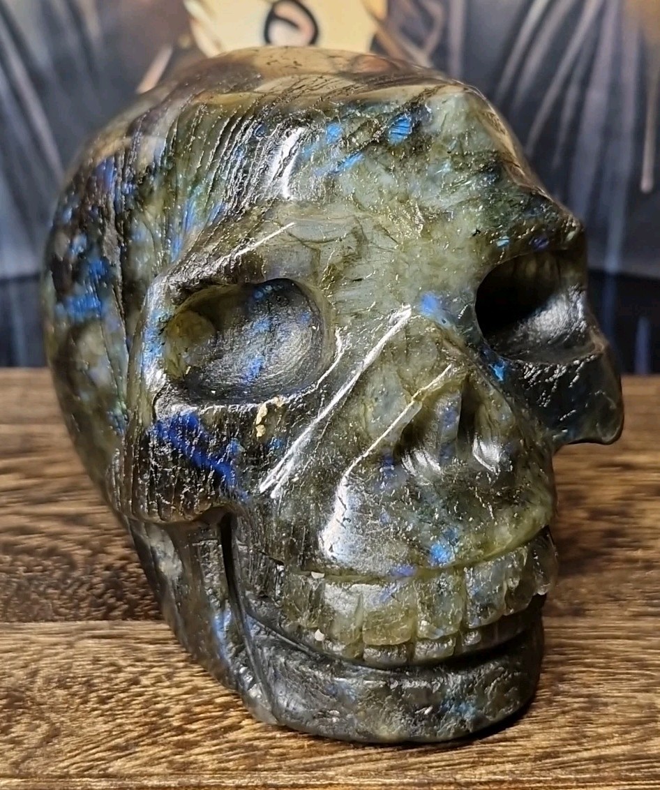 Dark Green Labradorite Crystal Human Skull Carving 84x62mm 436g