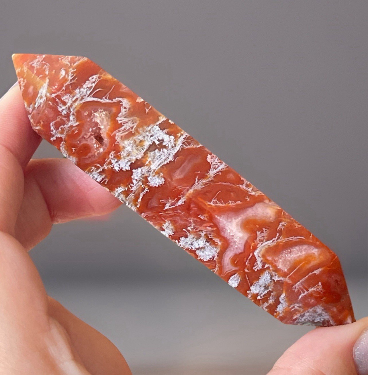 Carnelian Moss Agate DT Point, Red Green Scenic Gemstone Point – Dysplay Crystal