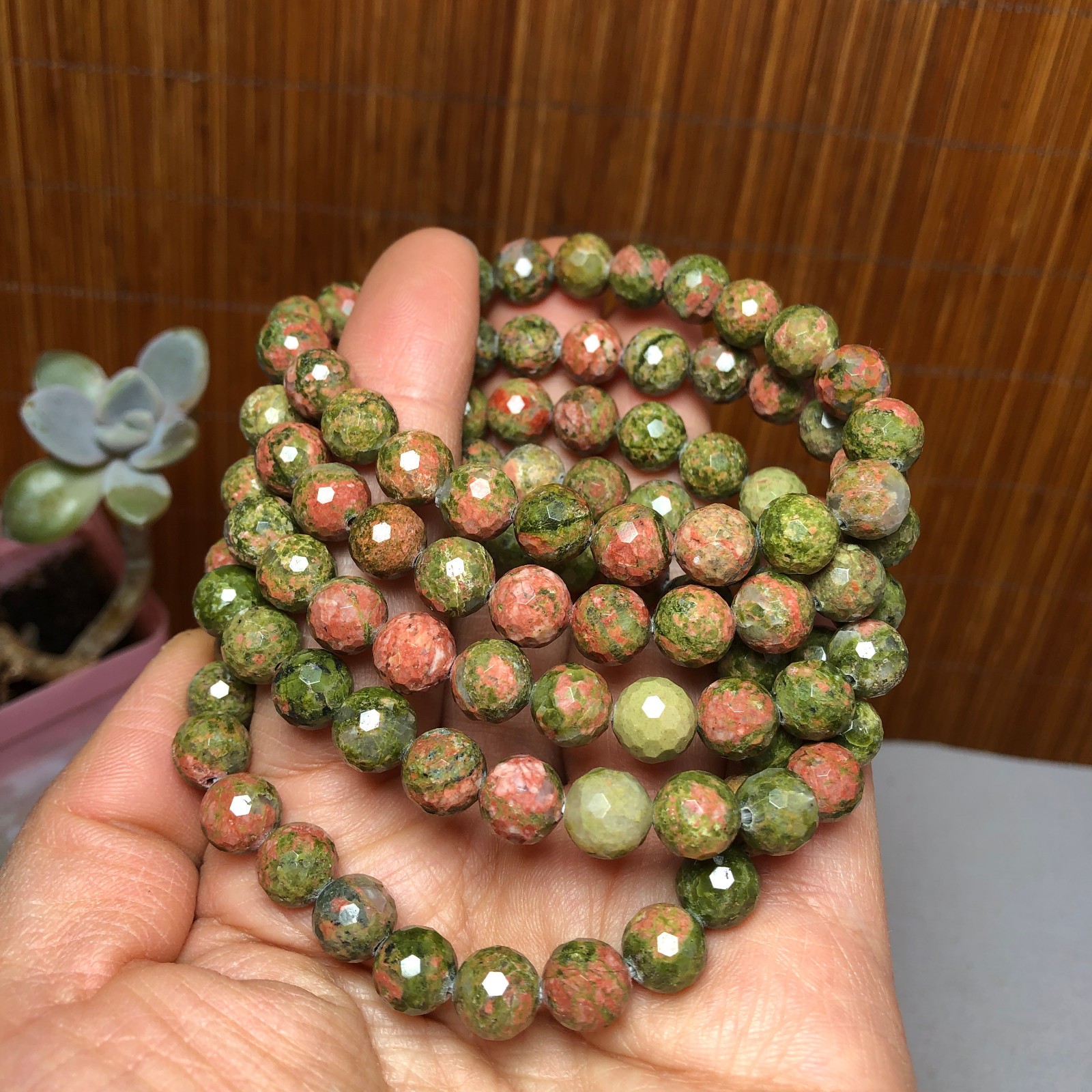 5Pcs Wholesal Natural Polish Unakite stone bracelets Crystal ball 8mm facet 3427