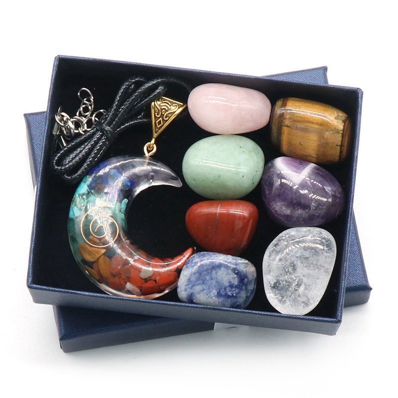 Natural 7 Chakra Quartz Colorful Crystal Gem Moon Pendant Healing Resin Decor