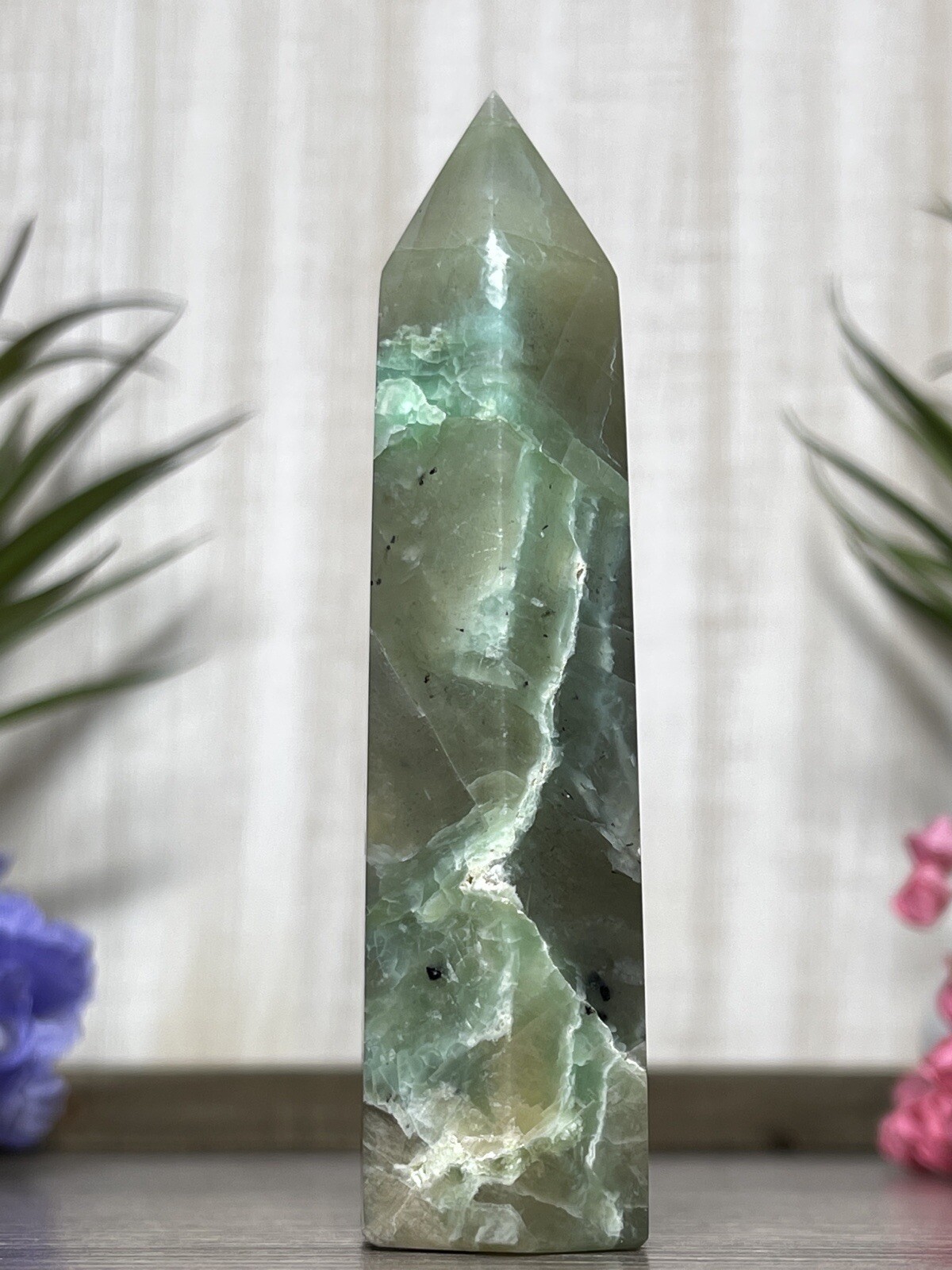 GREEN MOONSTONE TOWER – Blue Flash Garnierite Crystal Mineral Point Witch Wiccan
