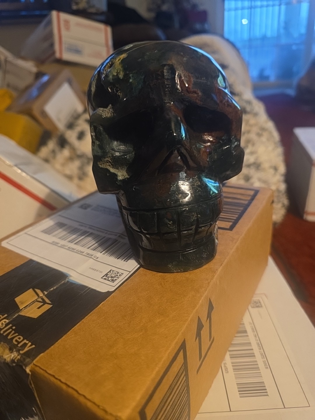 Huge Moss agate Human Skull, Giant, Massive Carving, With Druzy, Red And Greens