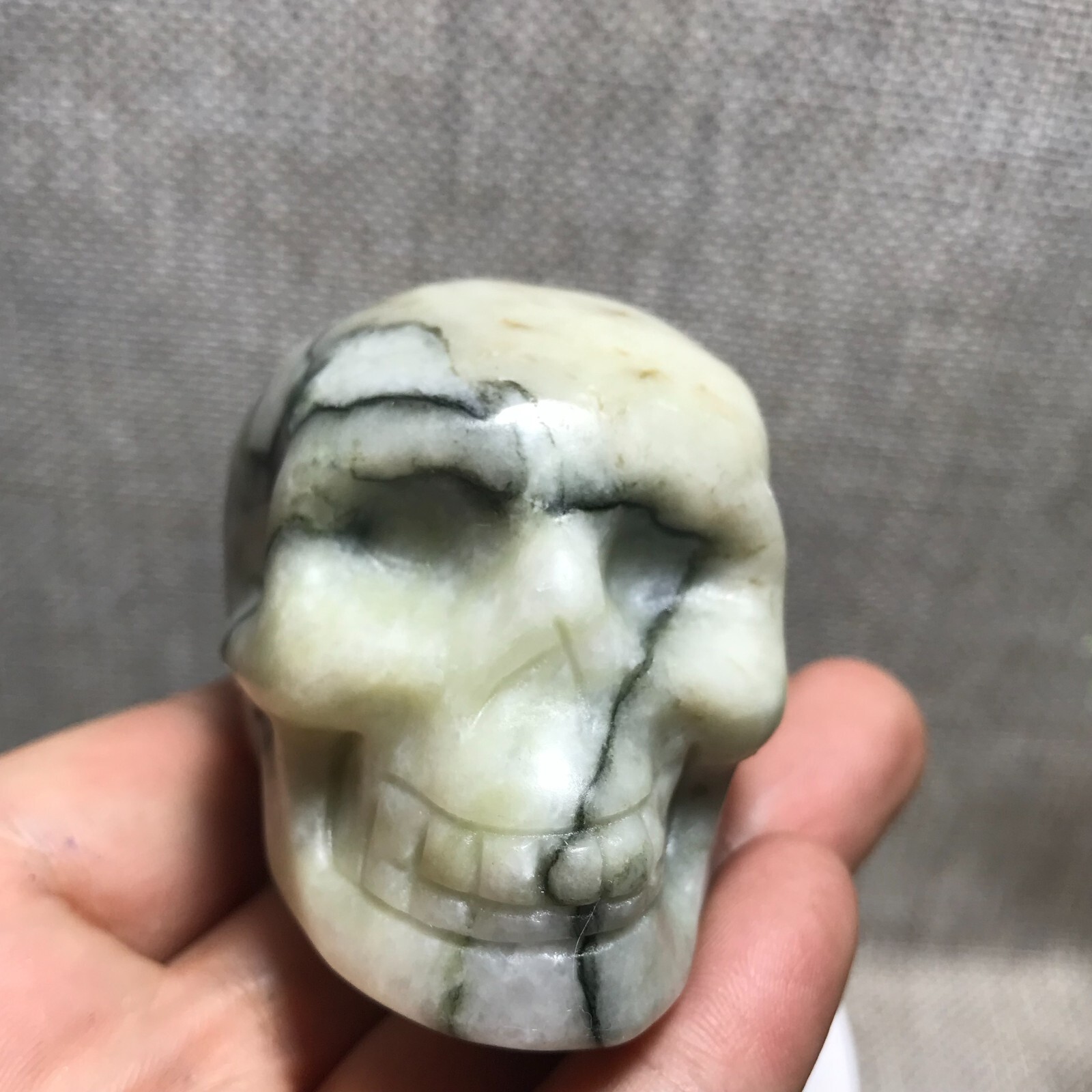 205g Natural Green Network Picasso Jasper Hand Carved Crystal Skull Realistic 10