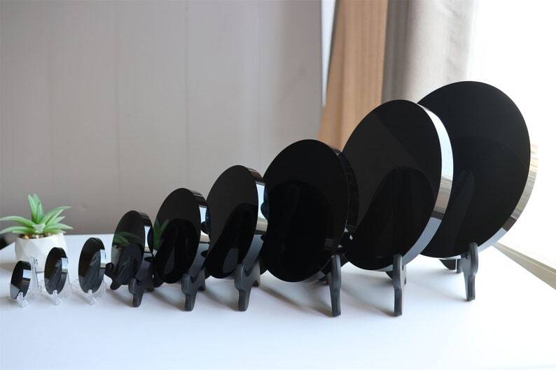Natural Obsidian Mirror Obsidian Wafer Crystal Disk Reiki Heal + Free Stand
