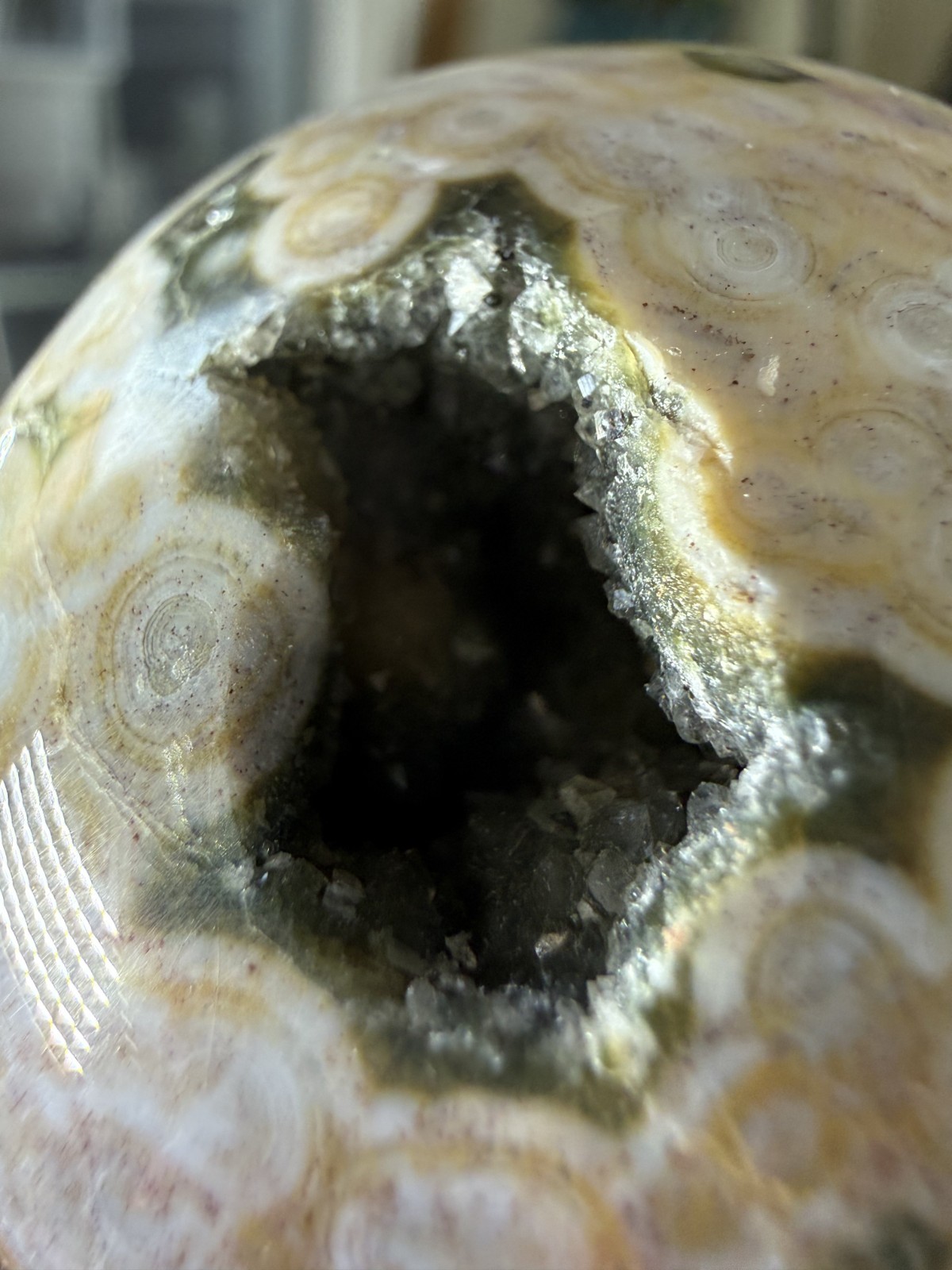 8th Vein Ocean Jasper Sphere – Pink, Green, Gold & White – Druzy Caves – 5.47 oz