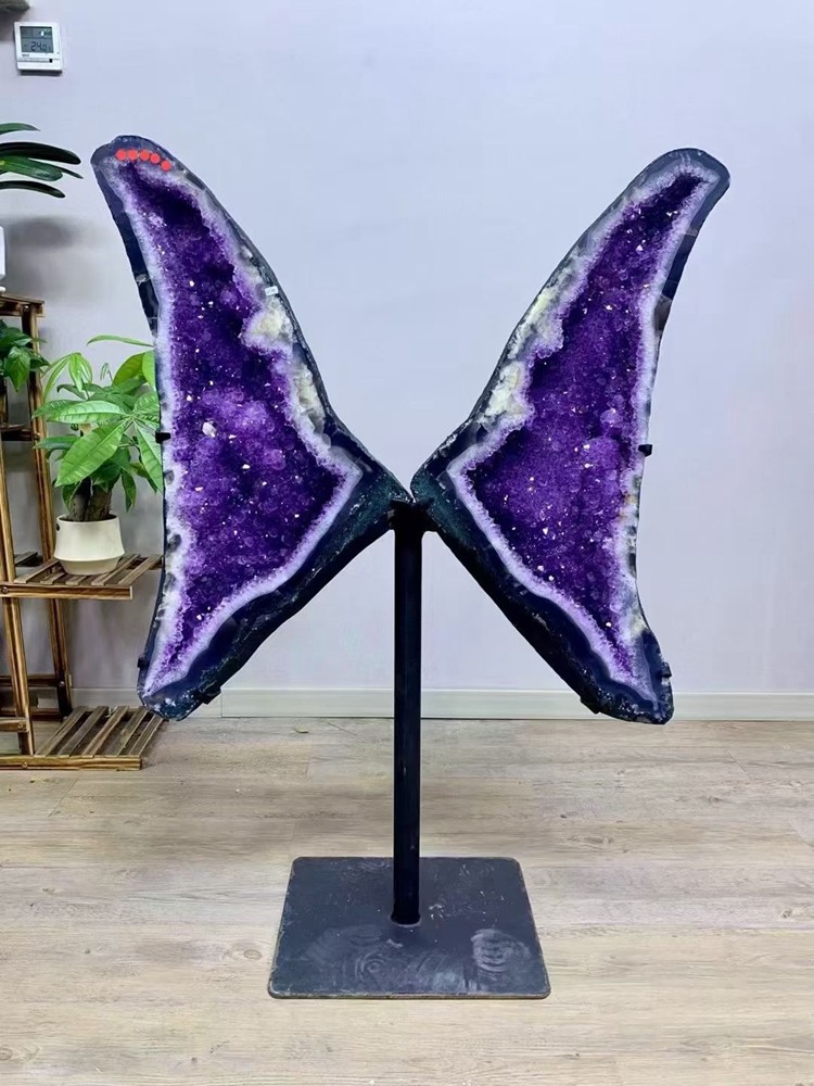 136LB Natural Amethyst Butterfly Geode Quartz Crystal Amethyst Cave + Stand