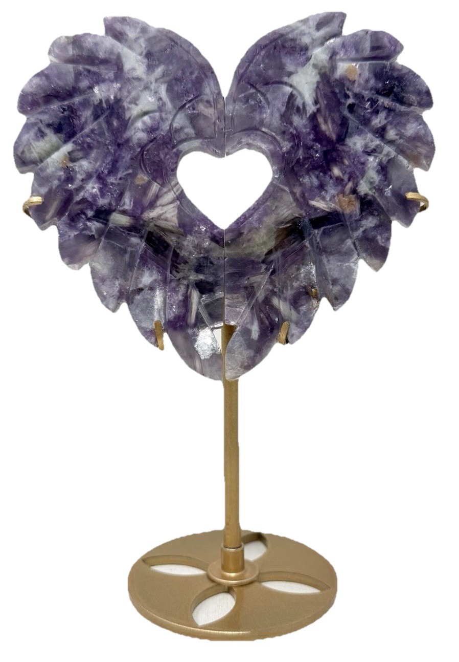 Pretty Lepidolite Crystal Love Heart Wings With Metal Stand
