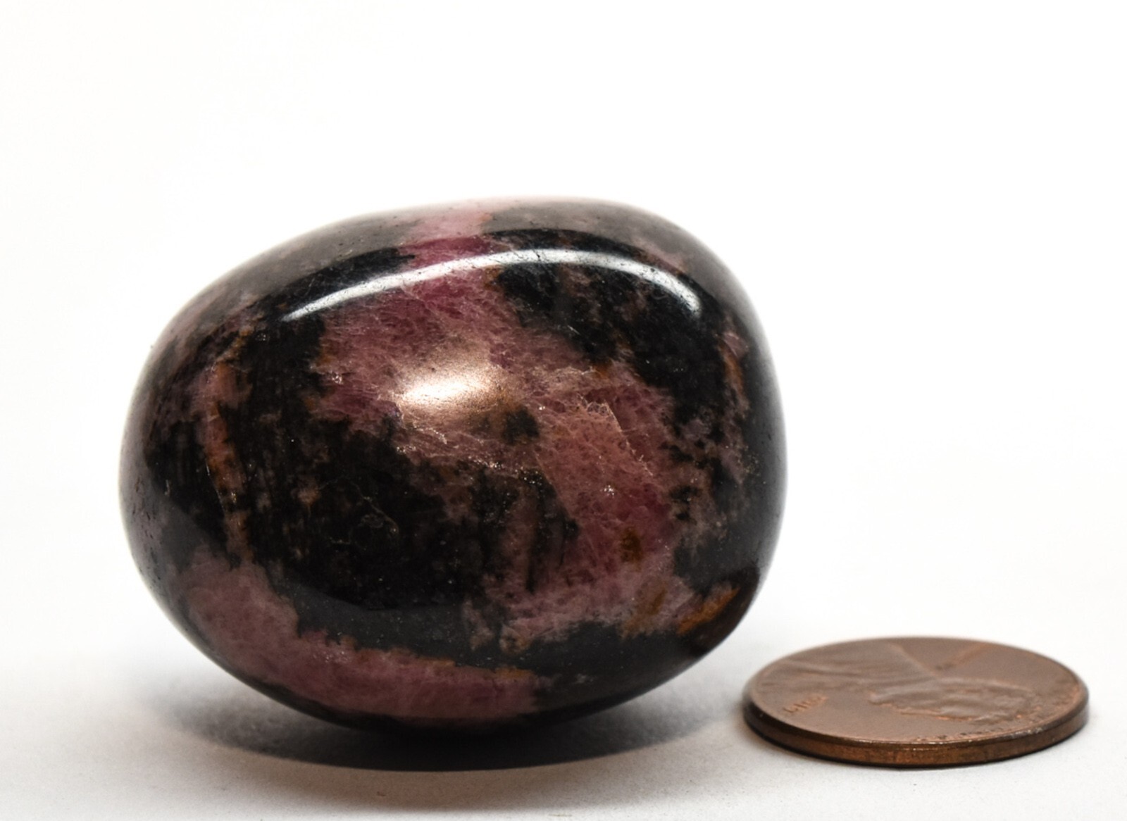 36mm Pink Black Rhodonite Pebble Polished Palm Stone Crystal Mineral Madagascar