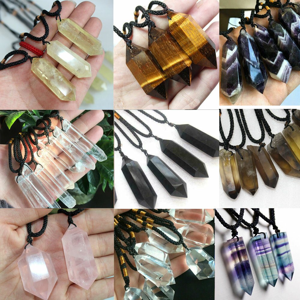 Natural Gemstone Quartz Crystal Pendant Point Hexagonal Wand Necklace Gift