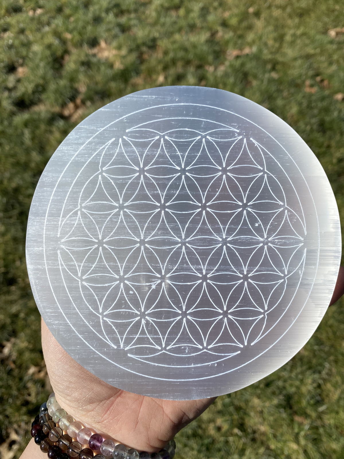 Selenite Plate Flower of Life Engraved (2.5″ – 6″), Selenite Grid Plate