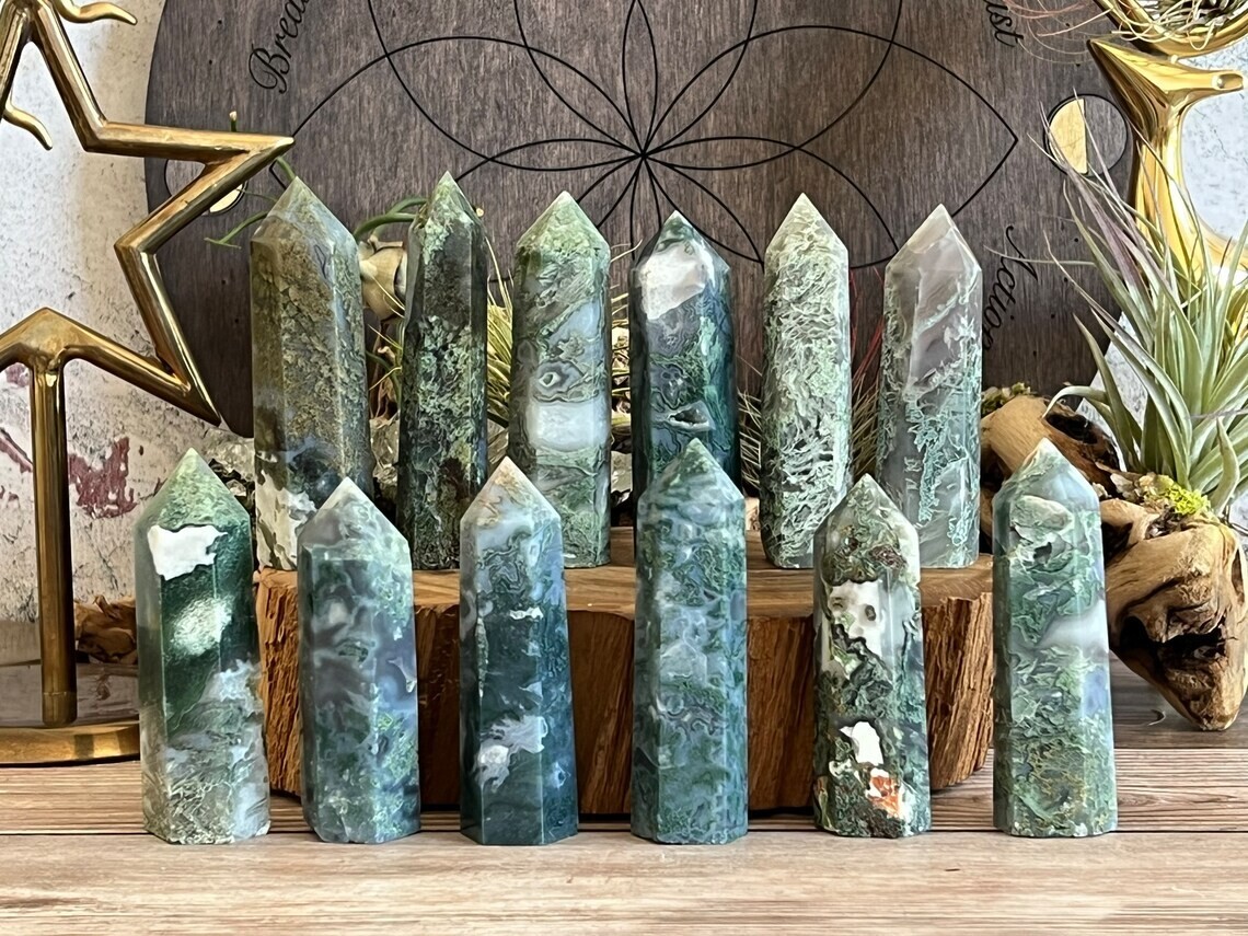 3” Natural Moss Blossom Agate Point Obelisk Green Crystal Wand Tower Decoration