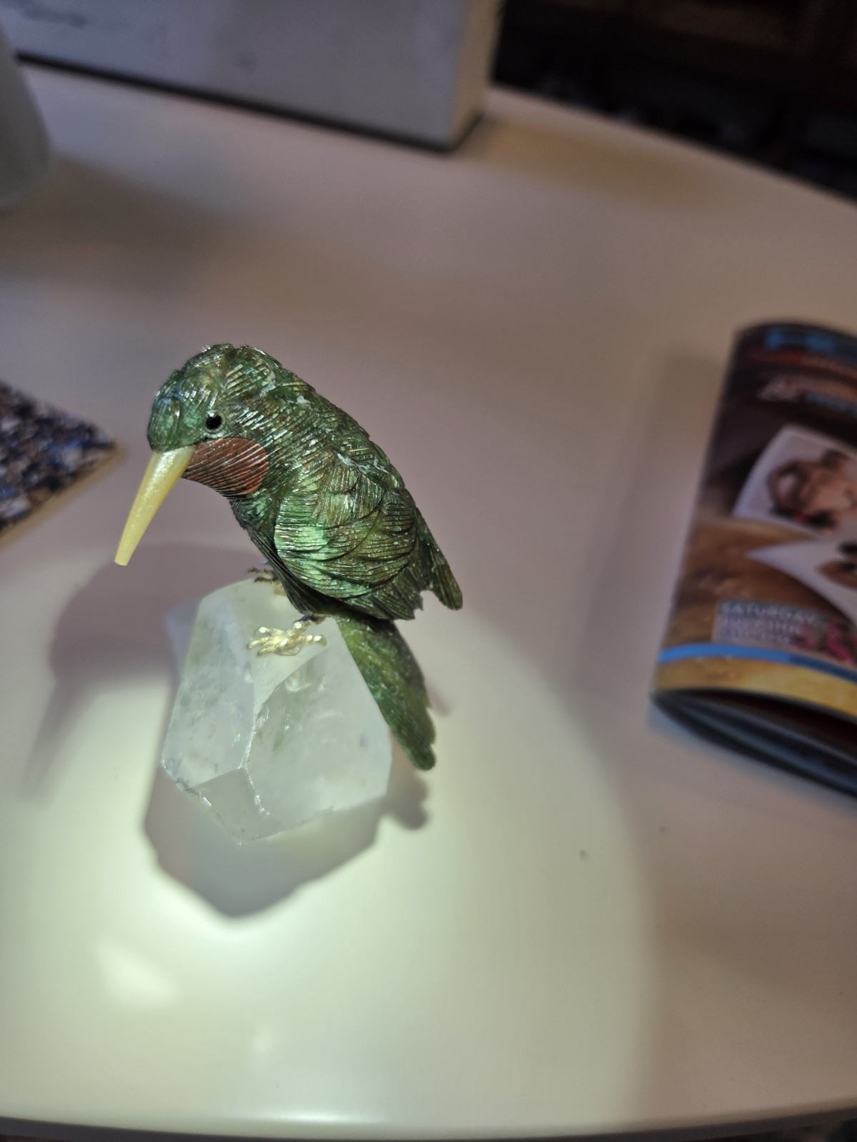 Peter Müller Carved Gemstone Hummingbird on Tourmalinated Quartz Crystal 4.5″