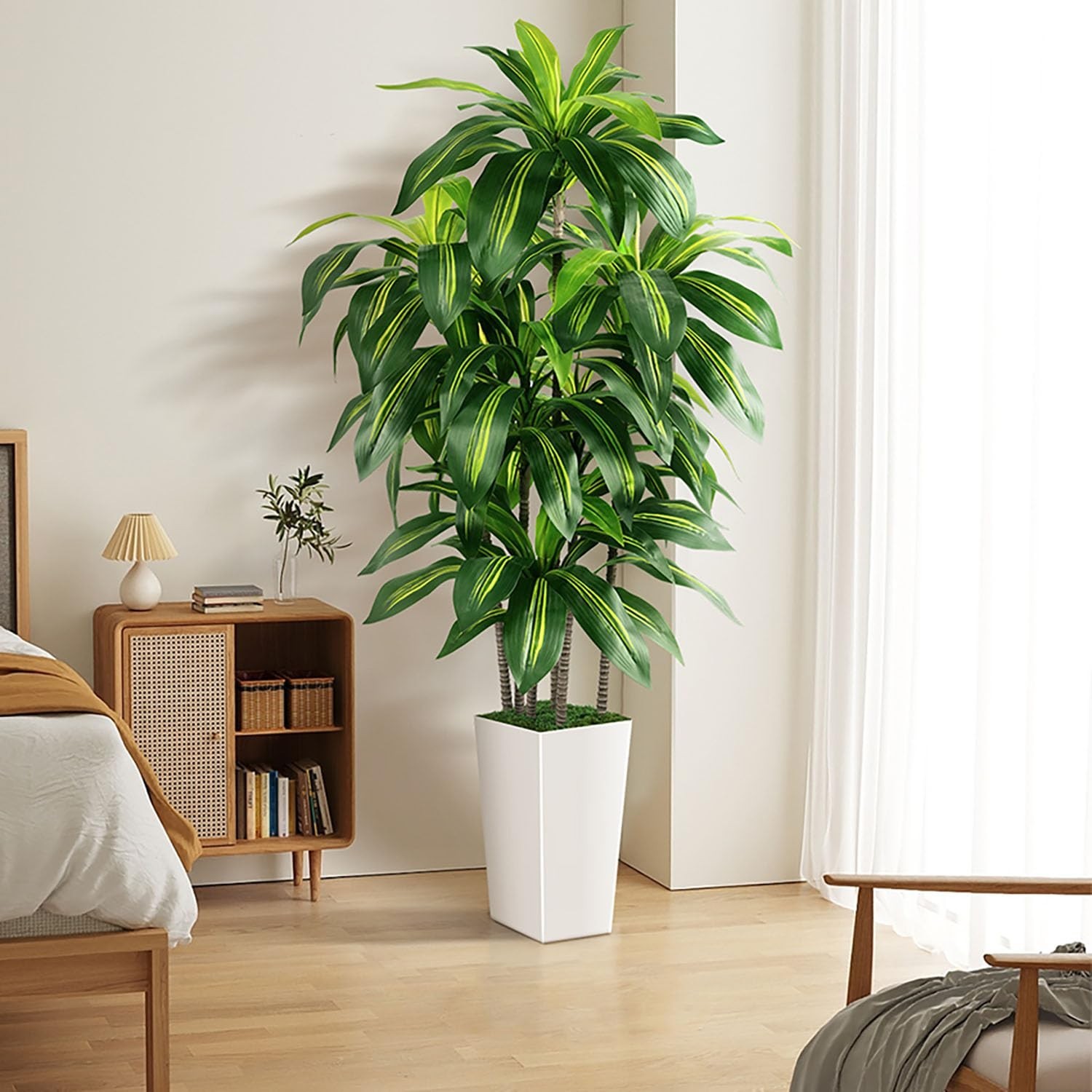 Artificial Dracaena Tree Indoor, 5FT Tall Fake Tree with White Tall Planter, …