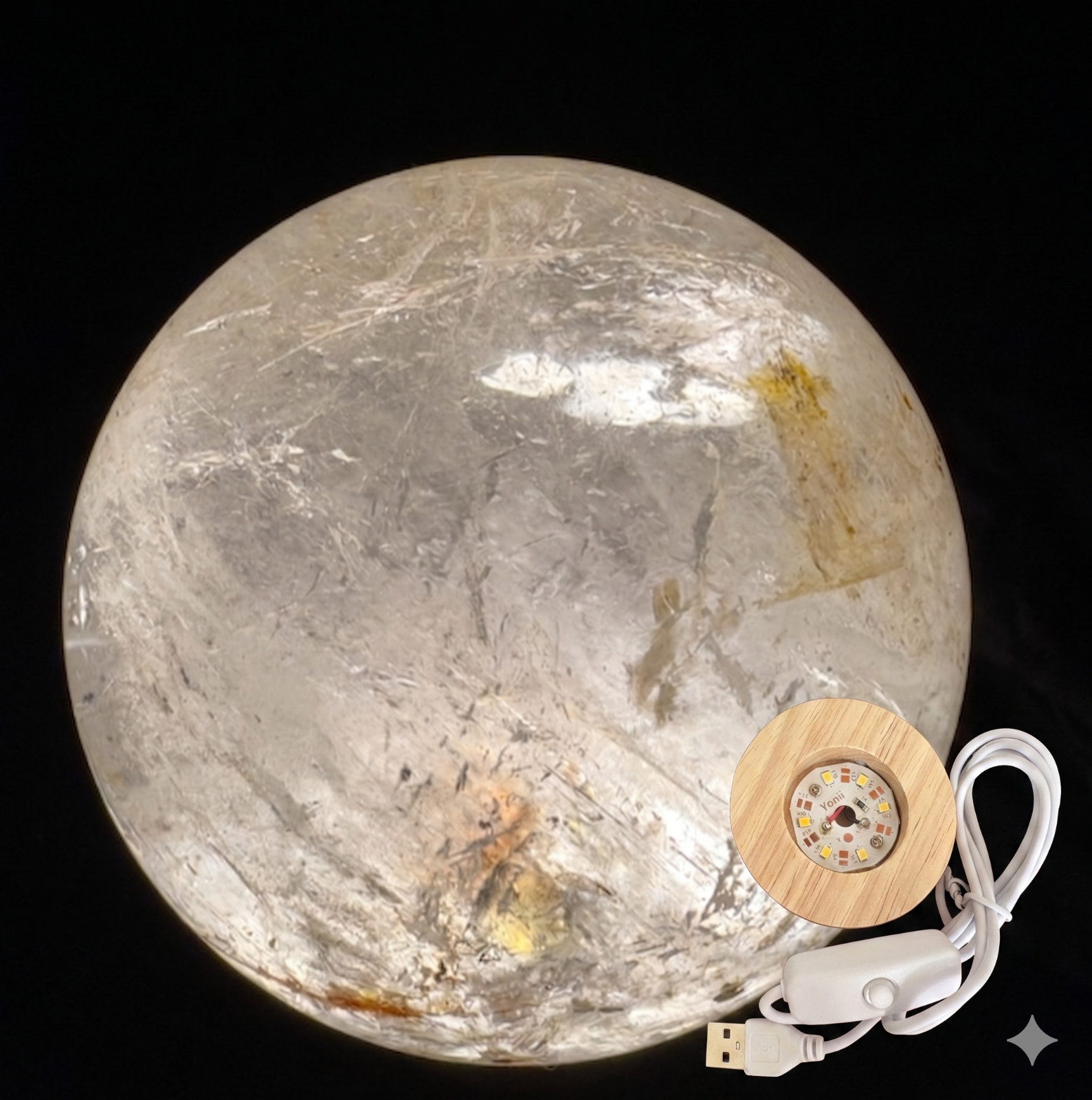 80mm Large Quartz Ball Natural Crystal Sphere w/ USB Light Stand Decoration