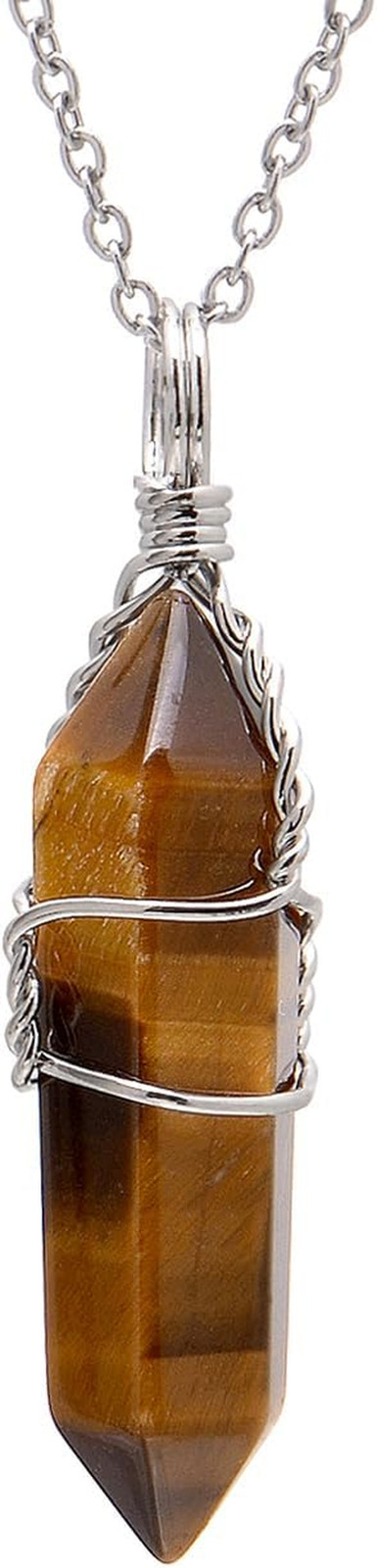 Natural Tiger Eye Crystal Point Pendant Necklace Wire Wrapped Chakra Women Men