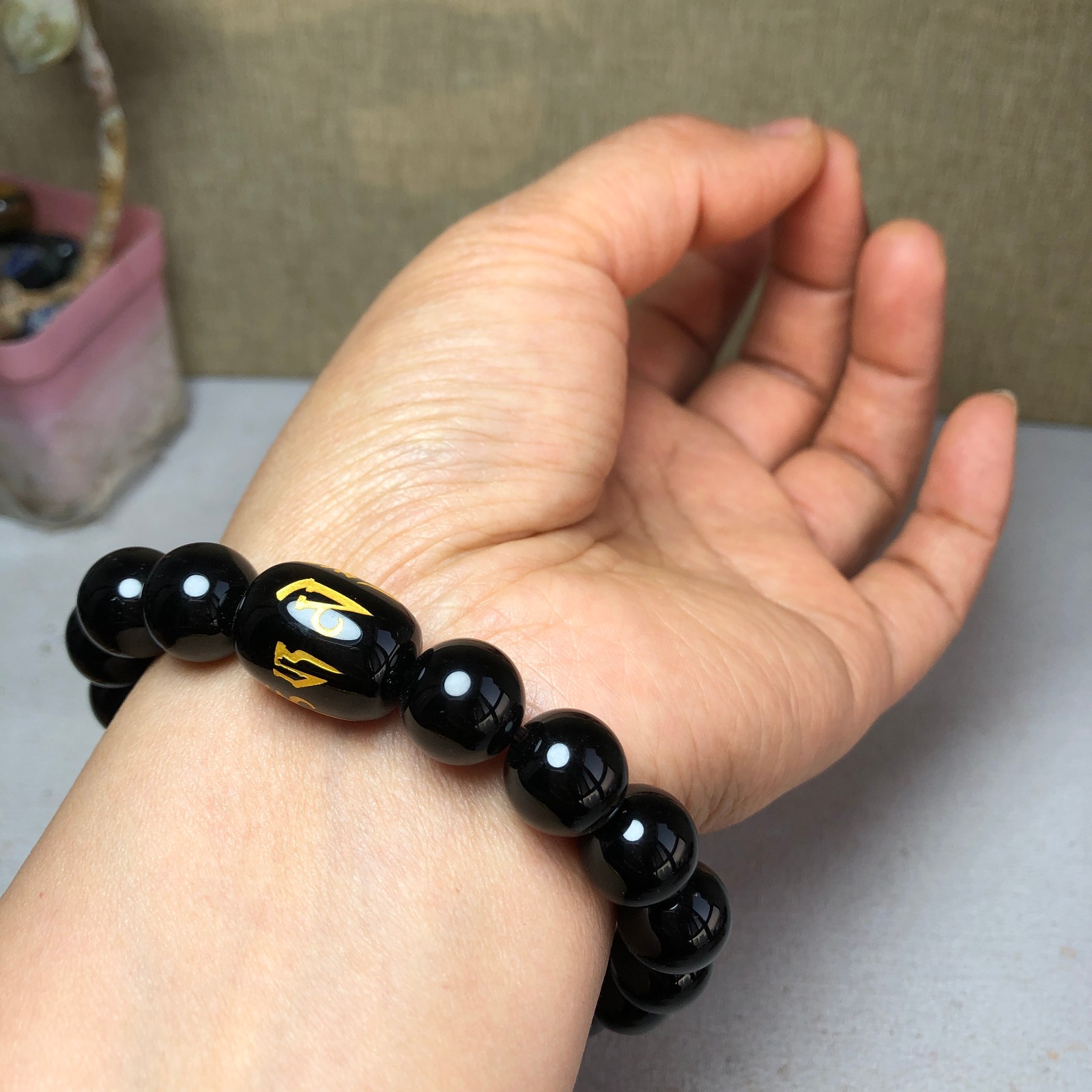1pcs wholesale Natural Black Obsidian Crystal chain beads bracelet 12mm A2790