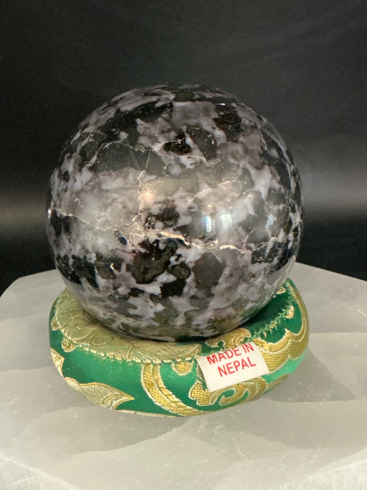 Polished Indigo Gabbro (Mystic Merlinite) Sphere Ball 3.25″ 737 grams Blk/Gray