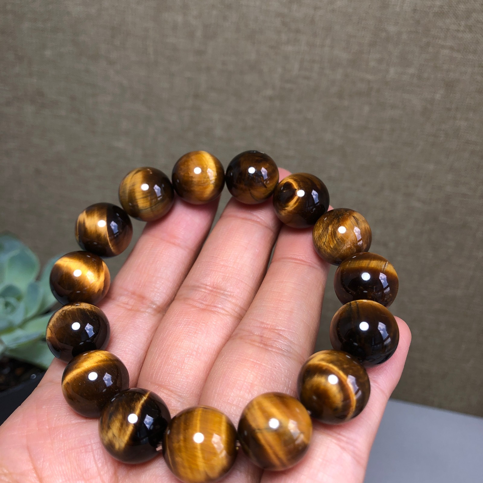 14mm Natural yellow tiger eye Crystal Quartz chain beads bracelet 58.3g g7637