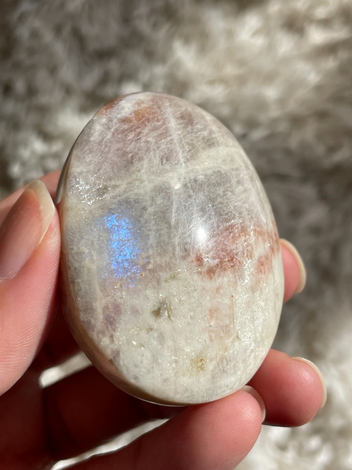 Rainbow Moonstone with Sunstone Palmstone, Medium – Light Flashes (MT)