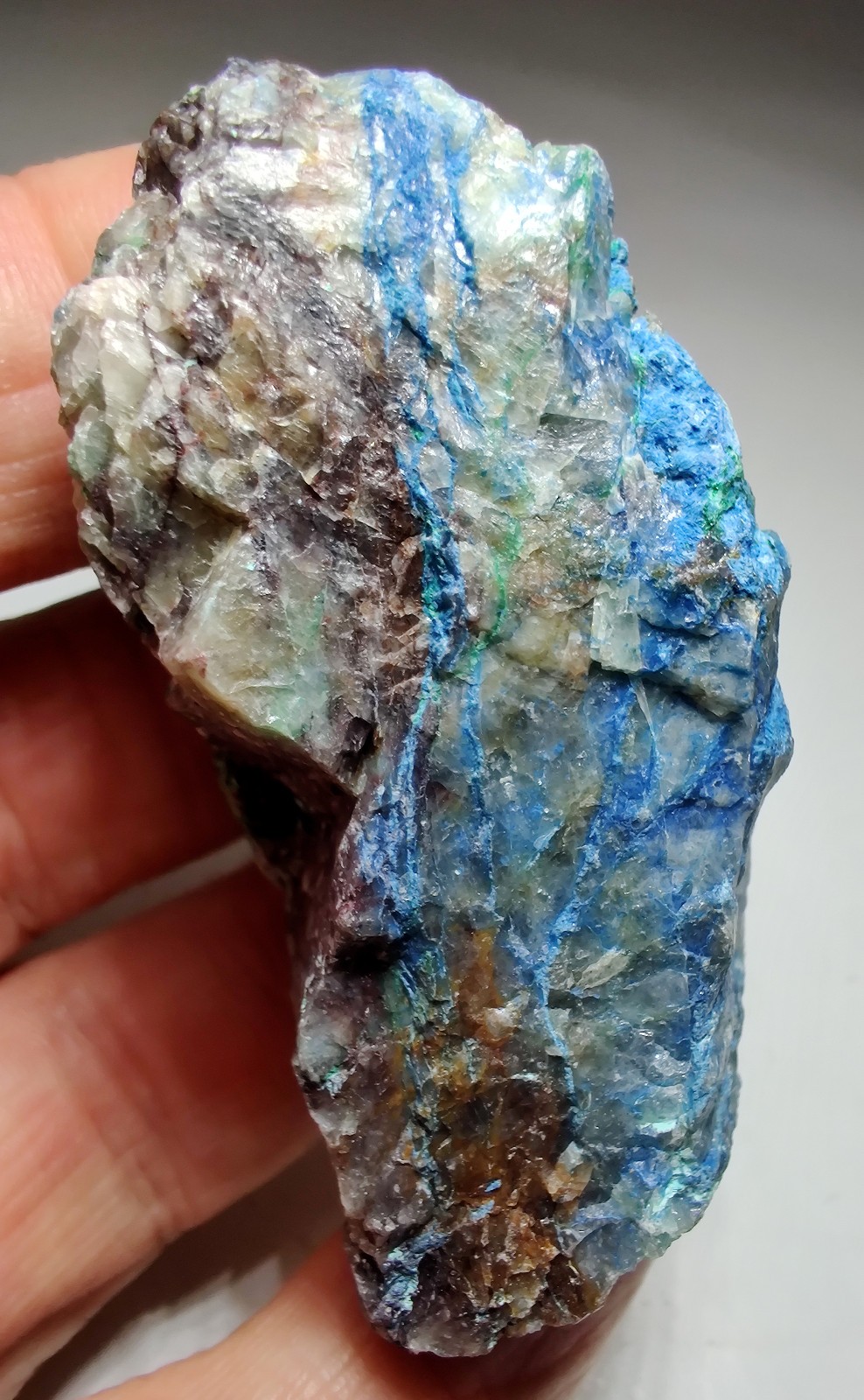Shattuckite with Dioptase, etc on Quartz. Kunene Region, Namibia. 89 grams.