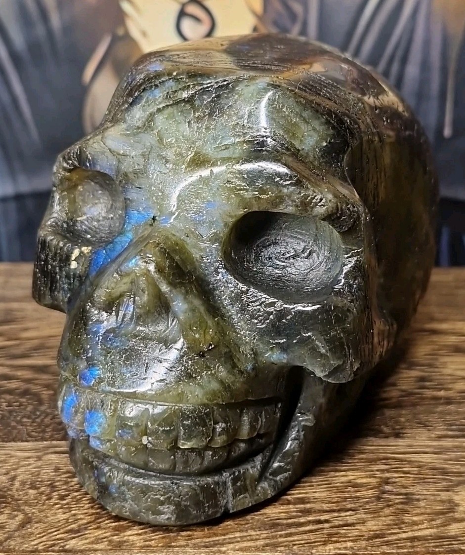 Dark Green Labradorite Crystal Human Skull Carving 84x62mm 436g