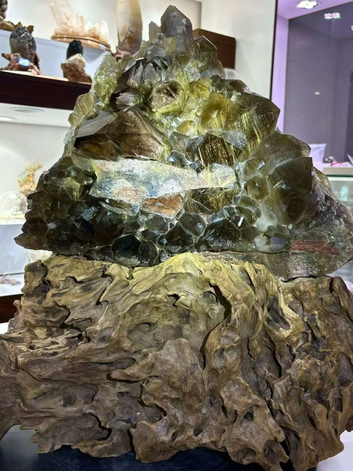35.2LB Top！Natural Gold Rutilated Crystal Cluster Quartz Mineral Specimen+stand