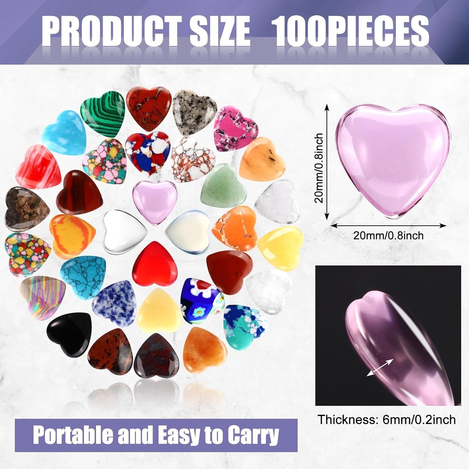 100PCS Worry Stones Heart Shape Healing Crystals, Anxiety Crystal Bulk 0.8 In…