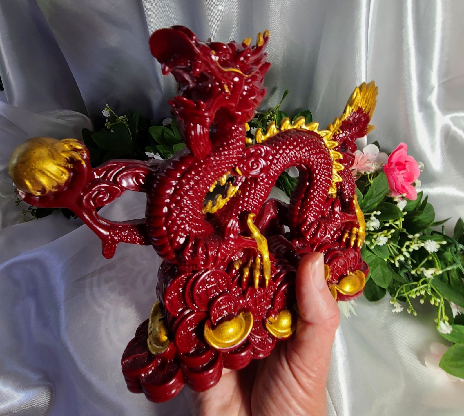 XL 9″ 2.4 lbs Genuine Cinnabar Stone Full Body Chinese Dragon Crystal Carving
