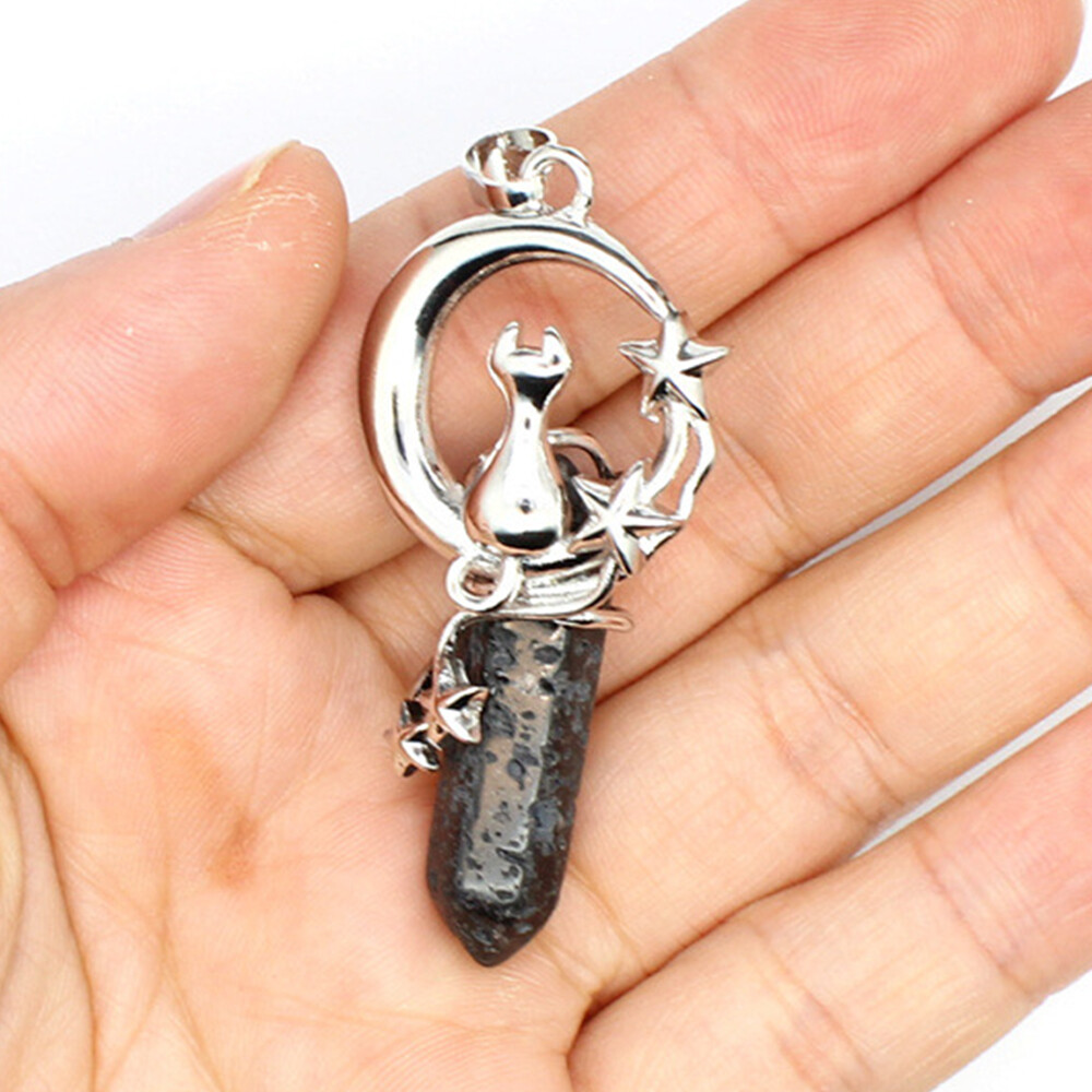 Women Silver Cat Alloy Hexagonal Pointed Gemstone Pendant for Making Jewelry
