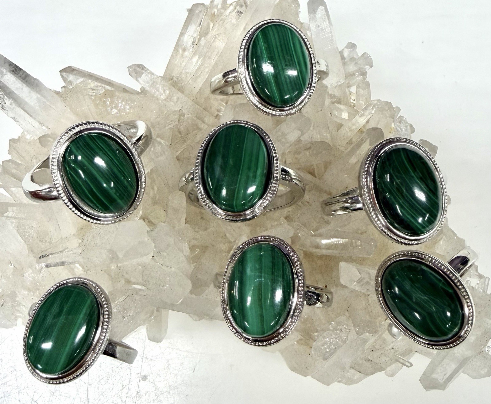 Wholesale Lot 7 Pcs Natural Malachite White Bronze Rings Crystal