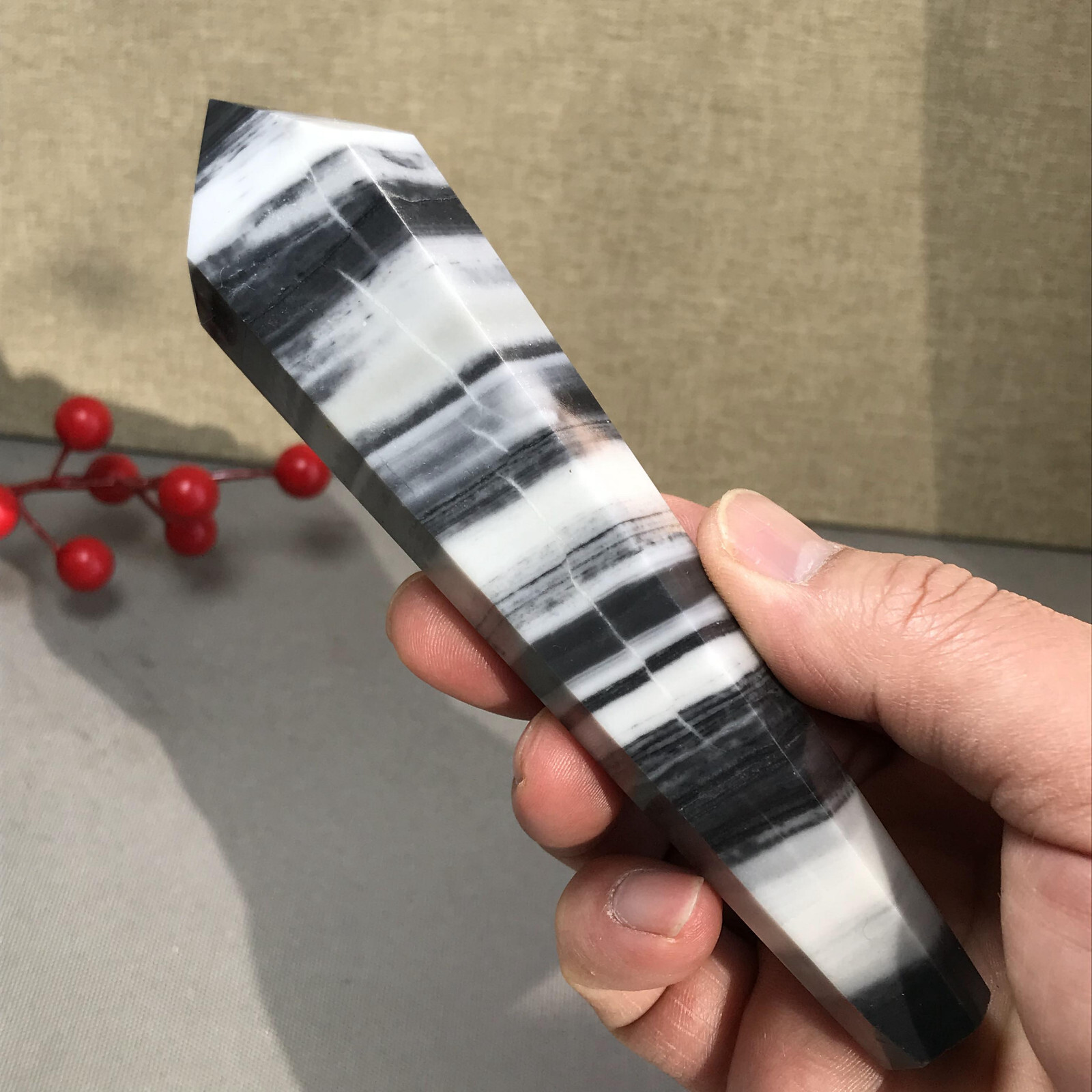 151mm Long Natural Taiji Stone stripe wand Obelisk Crystal specimens 255g A5779