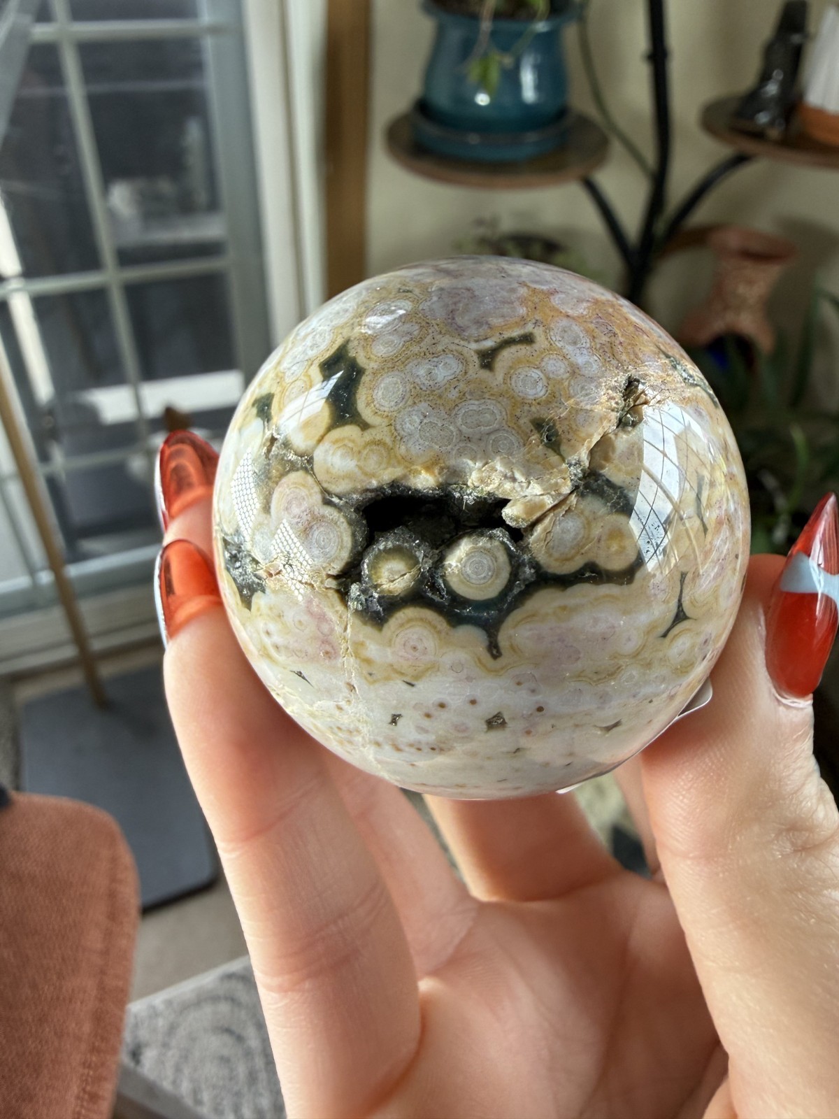 8th Vein Ocean Jasper Sphere – Pink, Green, Gold & White – Druzy Caves – 5.47 oz