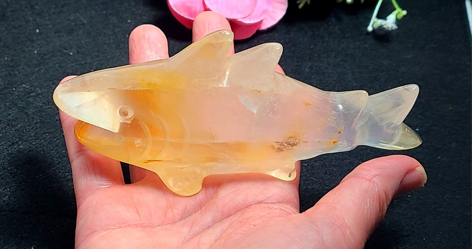 X Large 5.6″ Unique 252g Golden Healer Quartz Shark Sea Crystal Carving