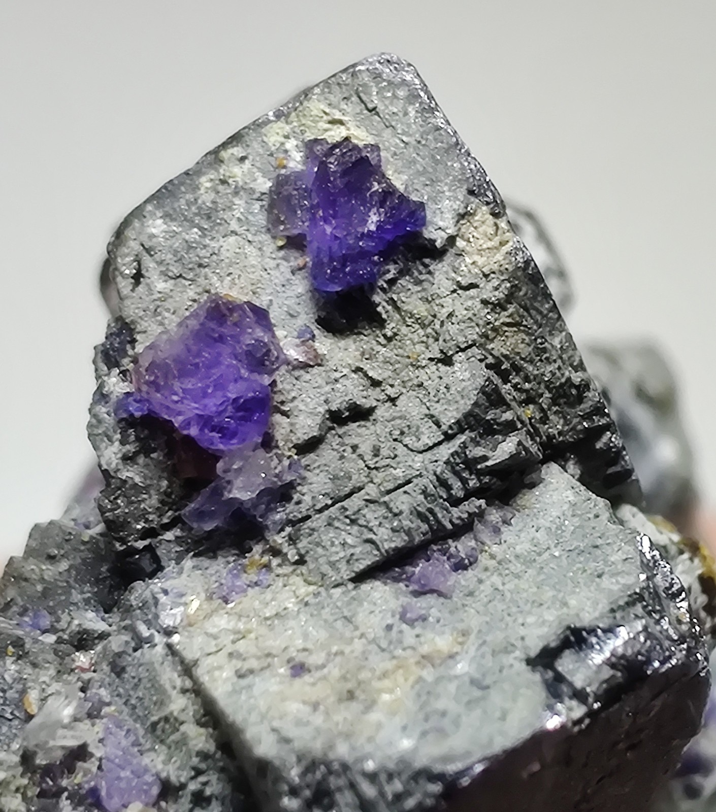 Fluorite on Galena, Sphalerite, Quartz crystals. Illinois. 25 grams.