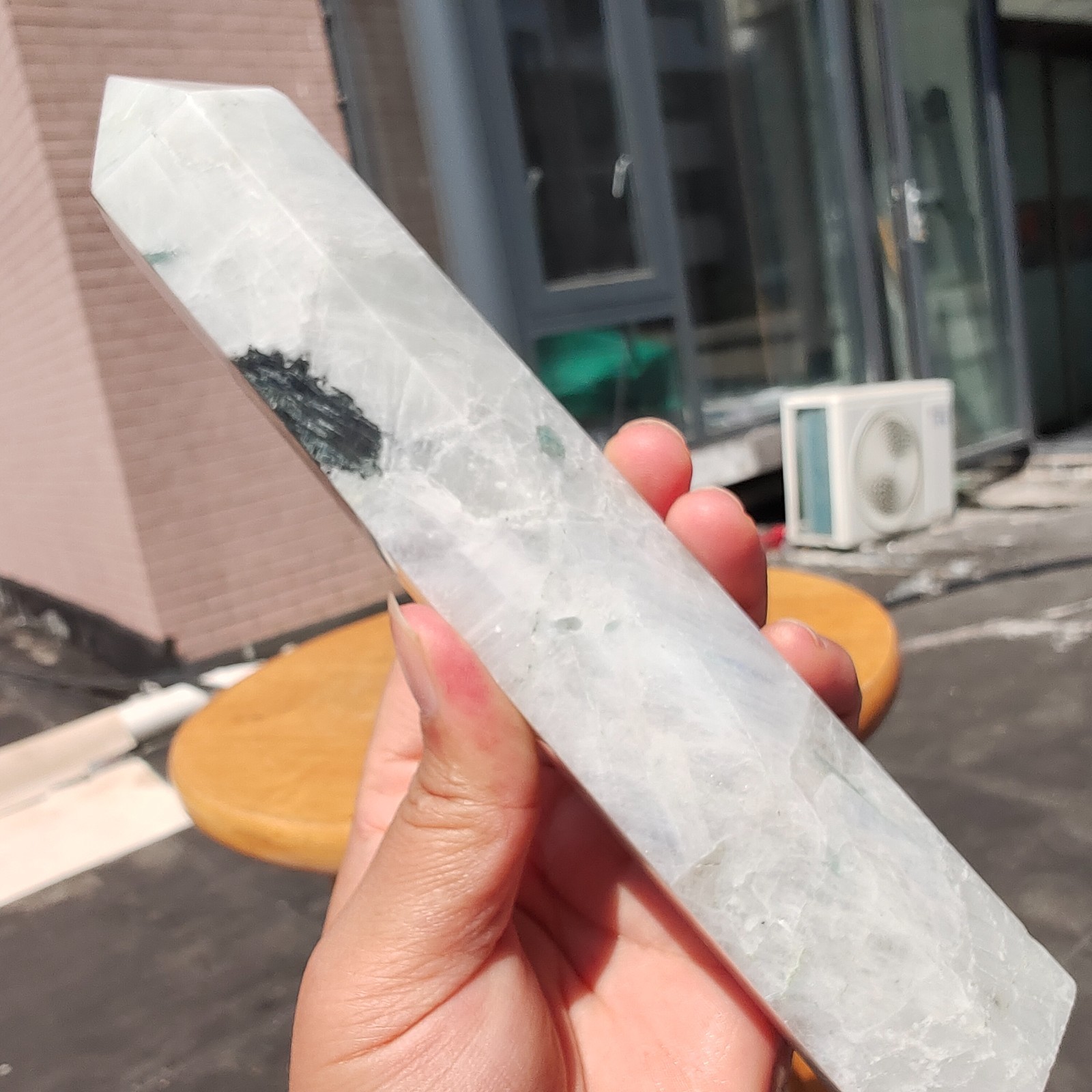489g Large White Rainbow Moonstone Crystal Obelisk Tower Point Quartz Healing
