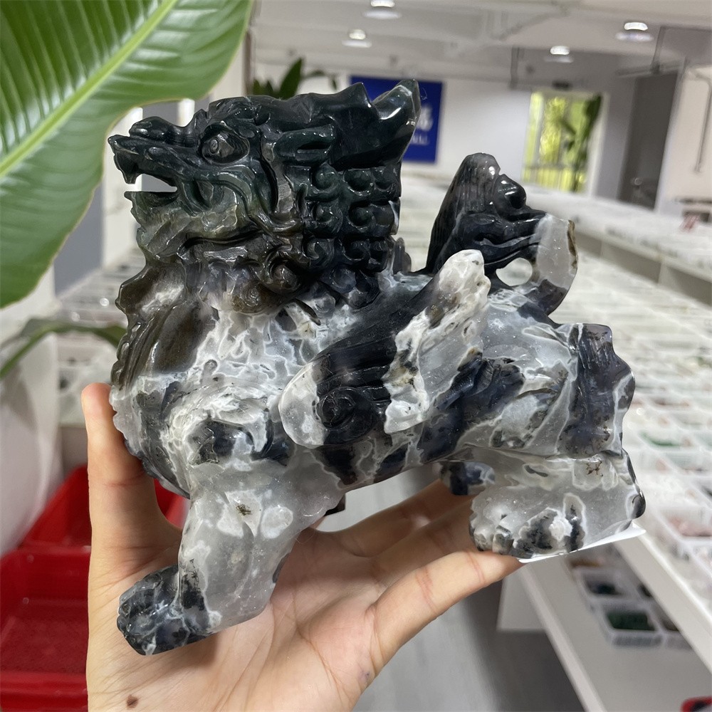 3.9LB 5.9″ Natural Moss Agate Qilin Crystal Quartz Carving Good luck Gift