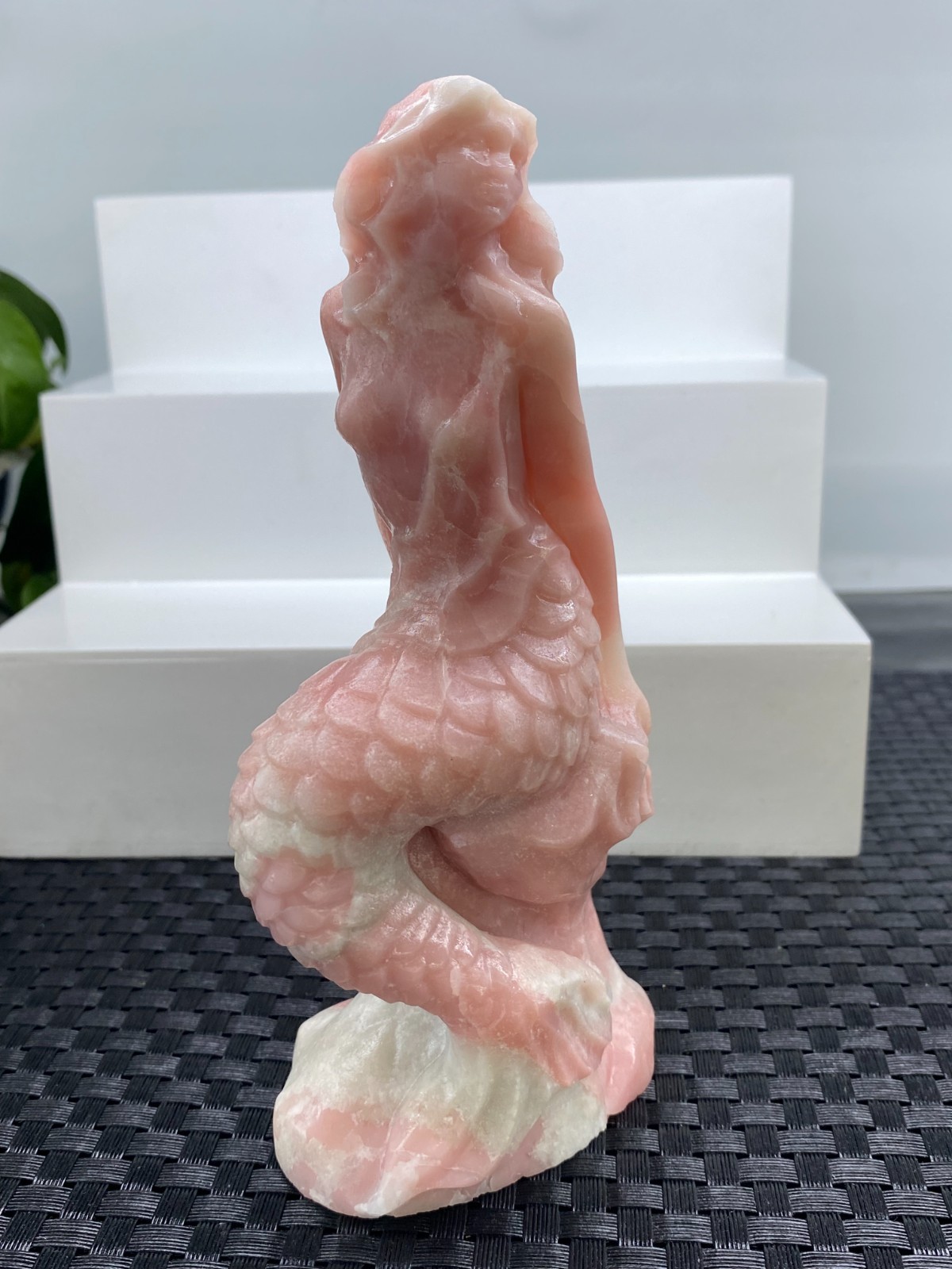 6.2” Natural Pink Opal mermaid skull Carved Quartz Crystal reiki healing gift