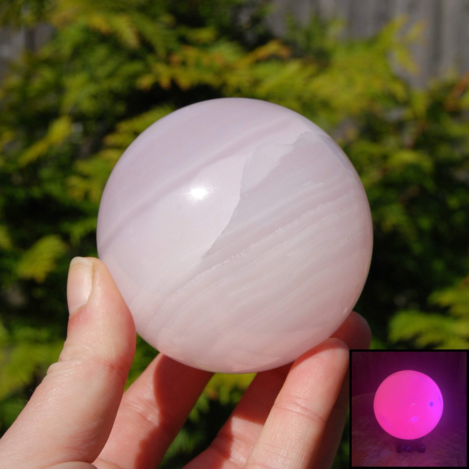 XL 3in Pink Mangano Calcite Crystal Sphere, Reiki Stone, Fluorescent UV Reactive