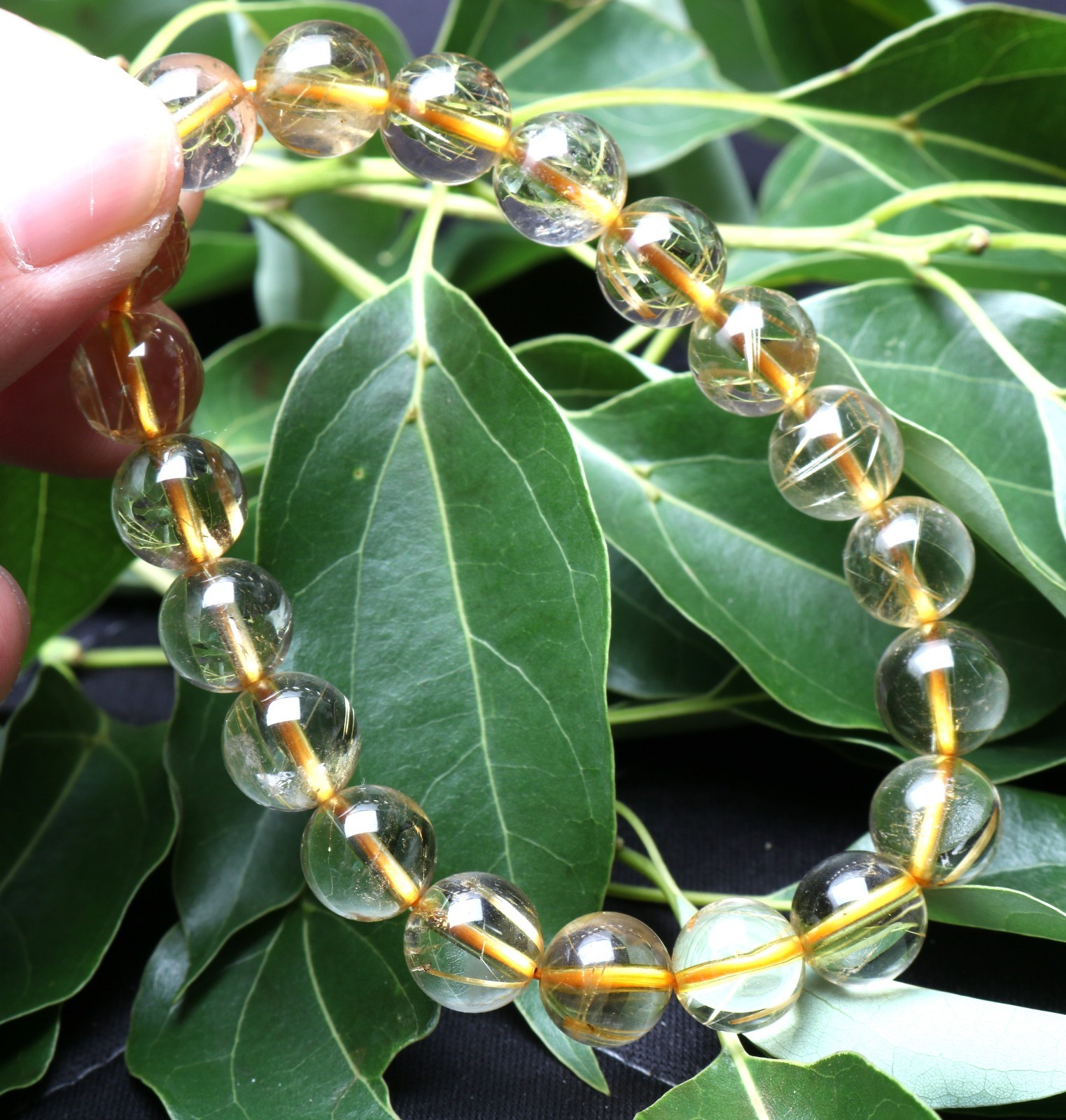 25.2g Rare Natural Clear Gold Rutilated Quartz Crystal 10mm Round Bead Hand cate