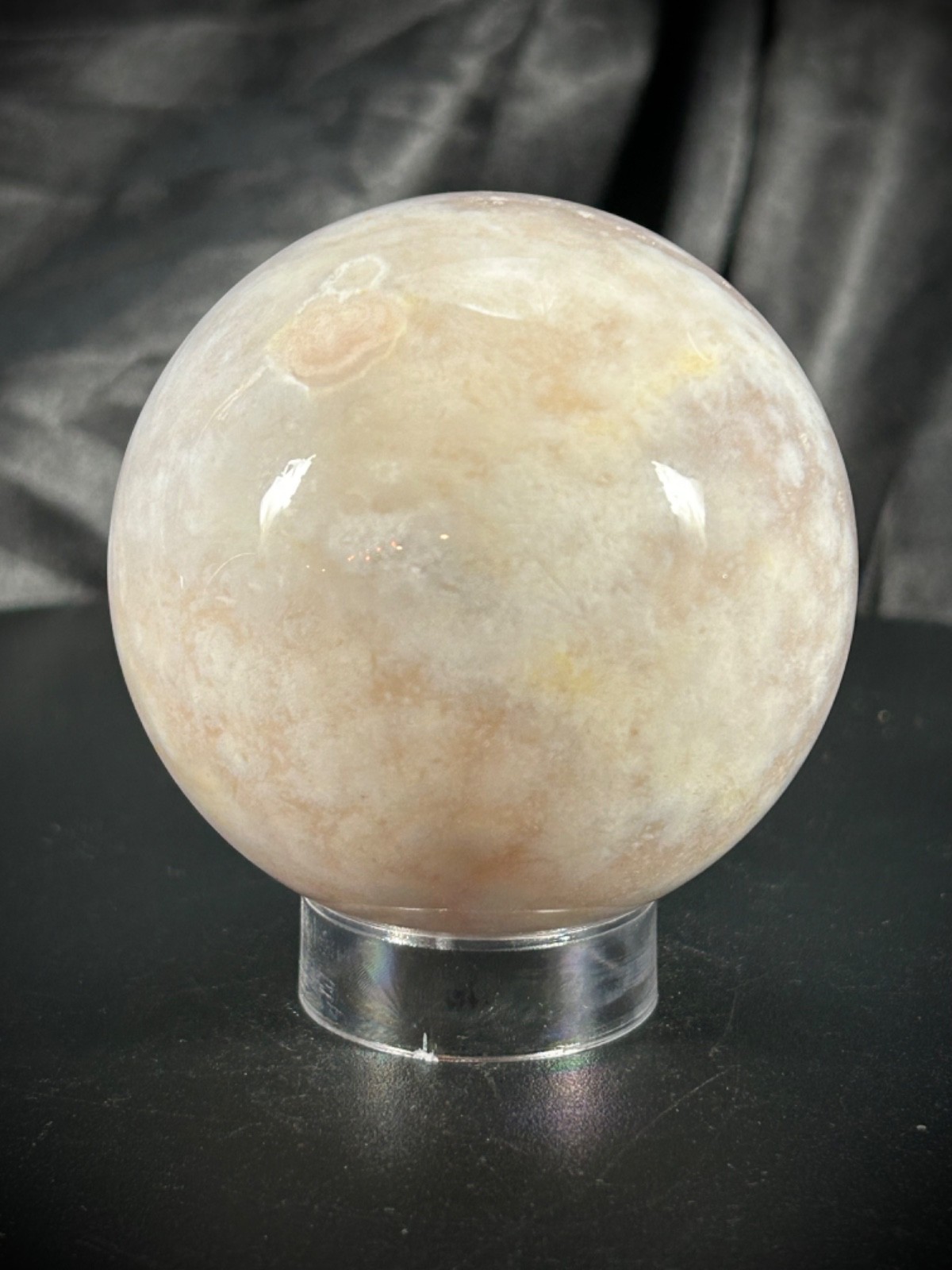 2.5″ Pink Amethyst & Flower Agate Sphere With Acrylic Stand 12.6oz (357 Grams)