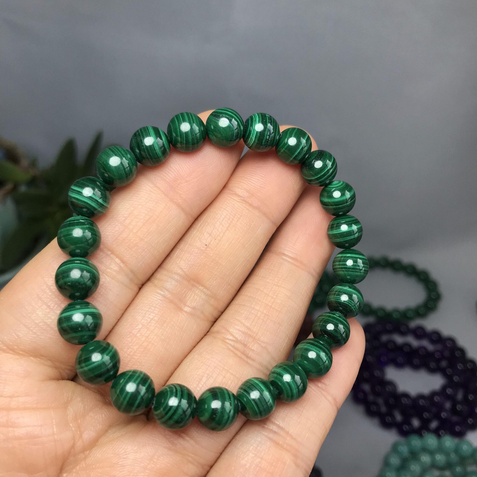 8mm Natural malachite gemstone Crystal chain beads bracelet 25-26g A5263