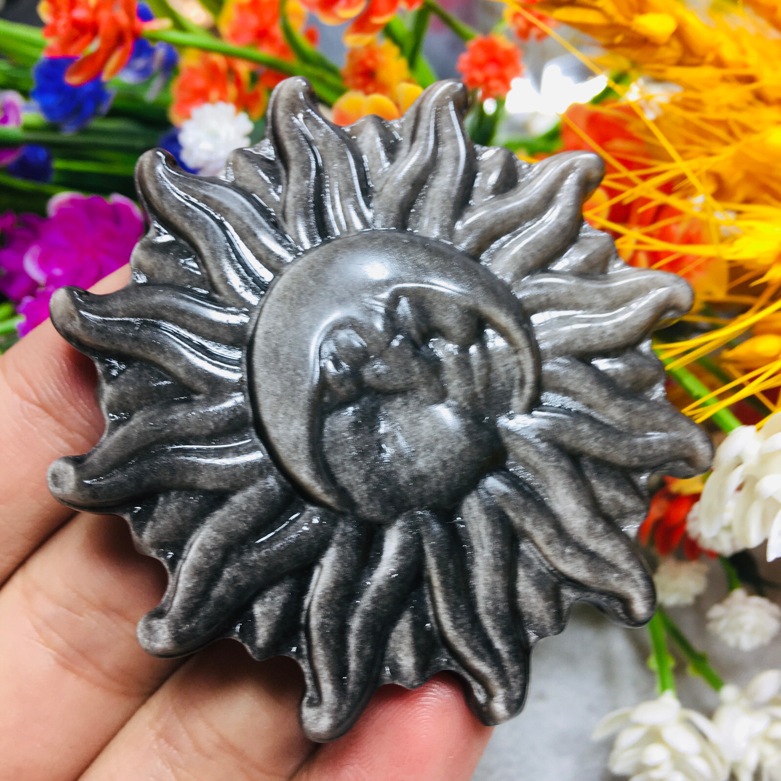 Natural Silver Obsidian Sun Moon Quartz Skull Crystal Specimen Reiki Healing 1pc