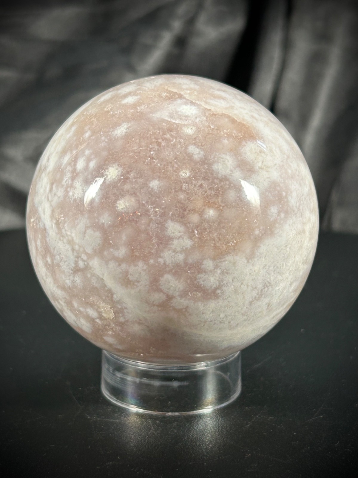 2.5″ Pink Amethyst & Flower Agate Sphere With Acrylic Stand 12.6oz (357 Grams)