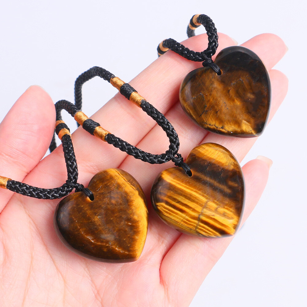 Natural Tiger’s-Eye Stone Crystal Polished Heart Shape Healing Gemstone Necklace