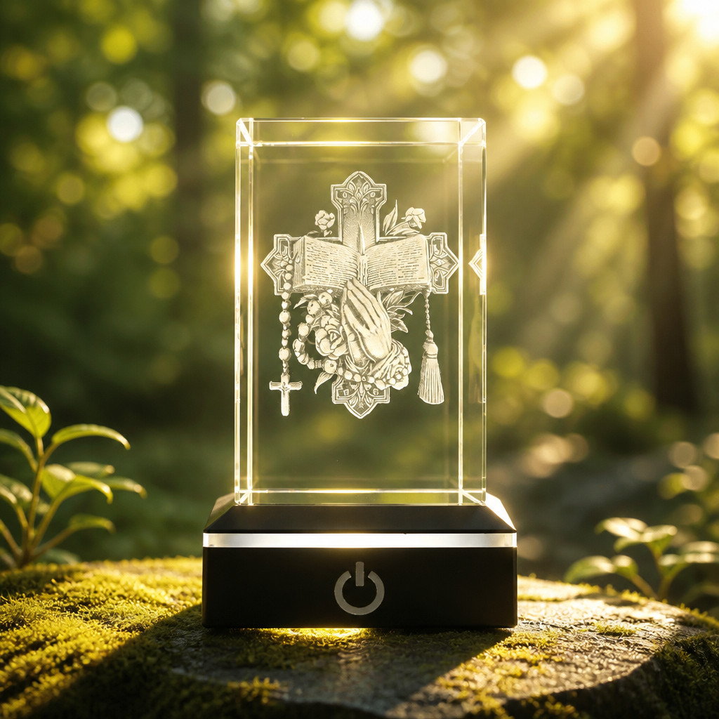 3D engraved Cross Crystal w/LED base FREE SHIP